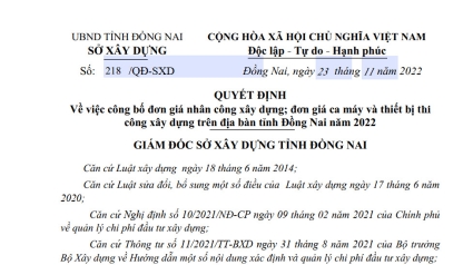Đồng Nai: Công bố Đơn giá nhân công, giá ca máy năm 2022
