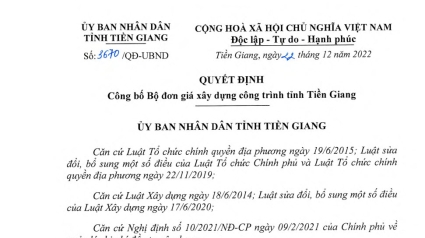 Tiền Giang: Công bố Bộ đơn giá xây dựng mới năm 2022