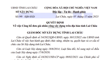 Lai Châu: Quyết định 140/QĐ-SXD Công bố Đơn giá nhân công xây dựng