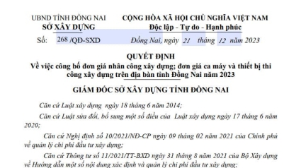SXD ĐỒNG NAI: Công bố Đơn giá nhân công XD, Giá ca máy năm 2023 theo Quyết định 268/QĐ-SXD
