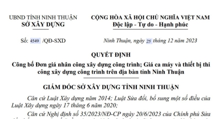 SXD Ninh Thuận: Công bố Đơn giá NC, MTC theo Quyết định 4559/QĐ-SXD năm 2023 do BNSC tư vấn thực hiện