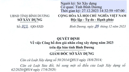 BÌNH DƯƠNG: Quyết định 262-263/QĐ-SXD. Công bố Đơn giá nhân công XD, Giá ca máy năm 2023