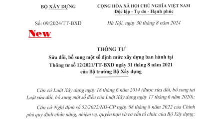 Thông tư 09/2024/TT-BXD Sửa đổi, bổ sung một số định mức xây dựng ban hành tại Thông tư 12/2021/TT-BXD.
